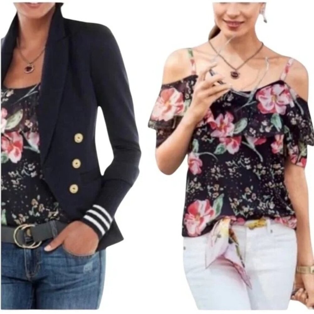 CABI Fairy Tale Cold Shoulder Blouse Navy Pink Floral Sz L #5220